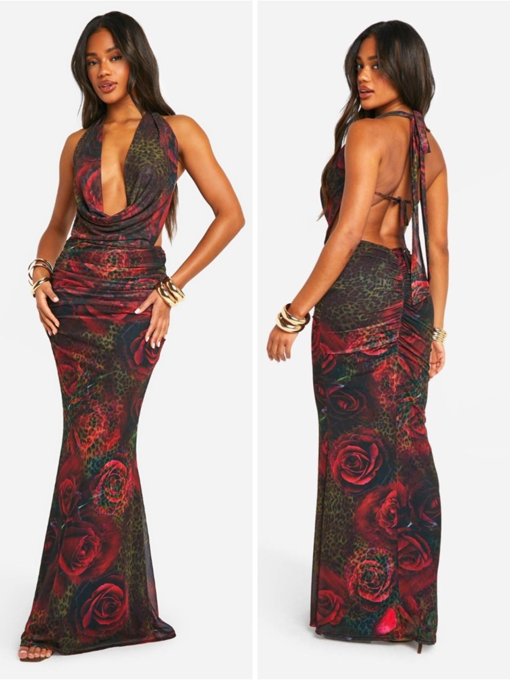 Boohoo Mixed Print Leopard Plunge Ruched Bum Maxi Dress - Picture 2 of 8